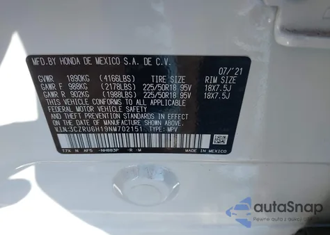 2022 Honda Hr-V Awd Sport из США, поврежденный, VIN 3CZRU6H19NM702151